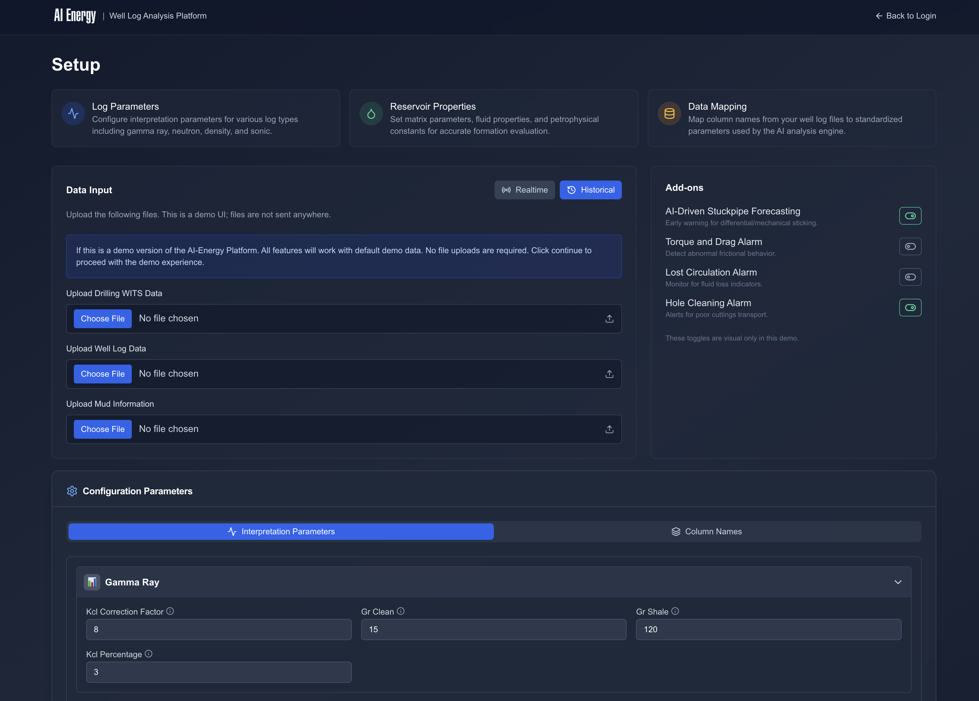 AI Energy well log analysis setup
